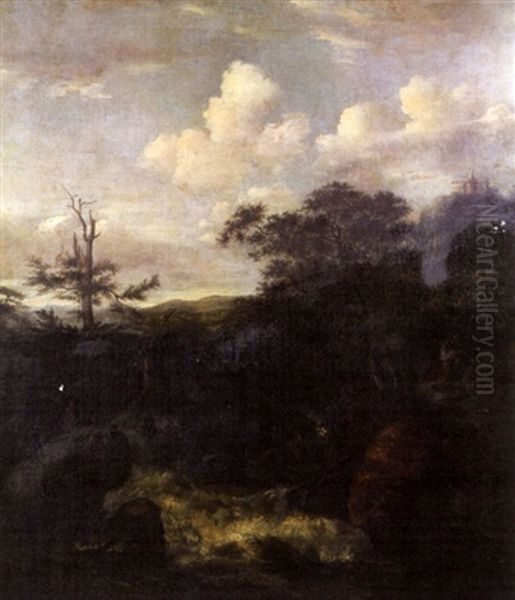 A Wooded Lanscape With A Stream And With Castle Bentheim In The Background - view 1