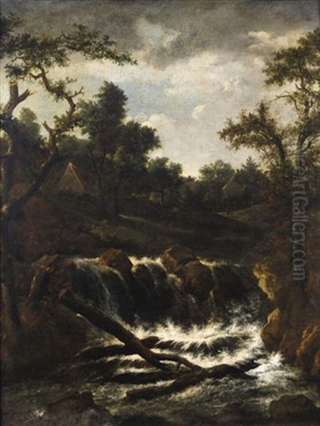 A Wooded Landscape With A Cascade, A Cottage Beyond - view 1