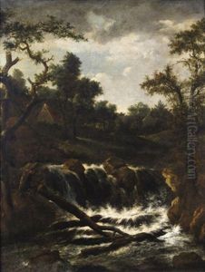 A Wooded Landscape With A Cascade, A Cottage Beyond by Jacob Van Ruisdael