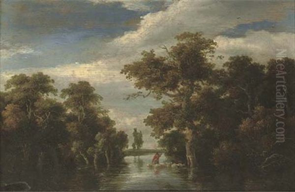 A Wooded Landscape With A Shepherd And His Flock Crossing A River - view 1
