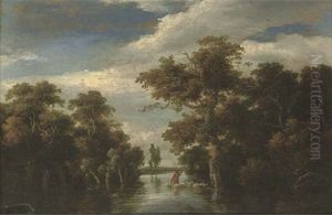 A Wooded Landscape With A Shepherd And His Flock Crossing A River by Jacob Van Ruisdael