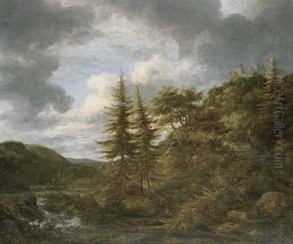 A River Landscape With Rapids, A View Of Bentheim Castle On A Hilltop Beyond - view 1