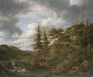 A River Landscape With Rapids, A View Of Bentheim Castle On A Hilltop Beyond