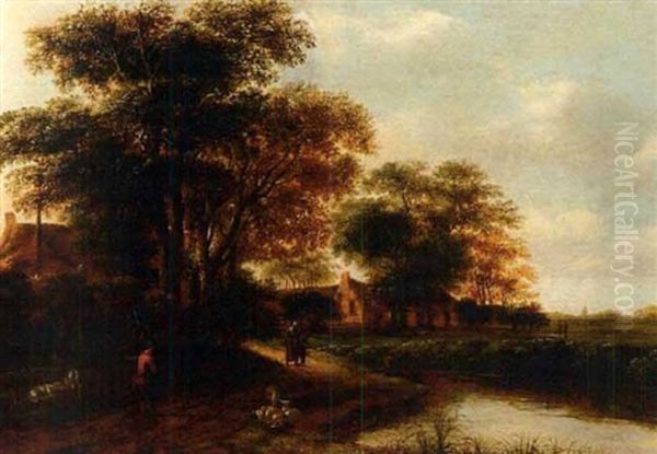 Villagers On A Road By A River - view 1