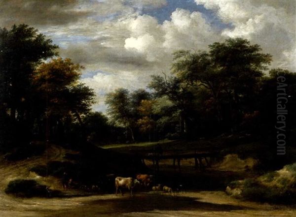 Waldweg Mit Vieh Und Hirten An Einem Teich - view 1