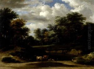 Waldweg Mit Vieh Und Hirten An Einem Teich by Jacob Van Ruisdael