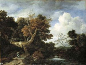 A Wooded River Landscape With Peasants On A Bridge, A Shepherd And His Flock Amongst Trees Beyond