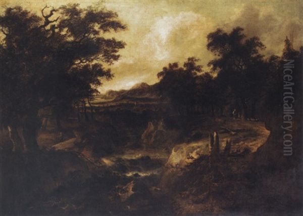 A Wooded River Landscape With Figures On A Path By A Cascade - view 1