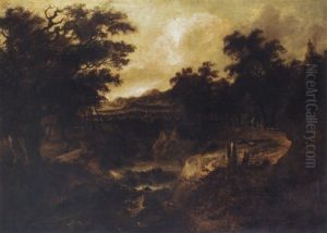 A Wooded River Landscape With Figures On A Path By A Cascade
