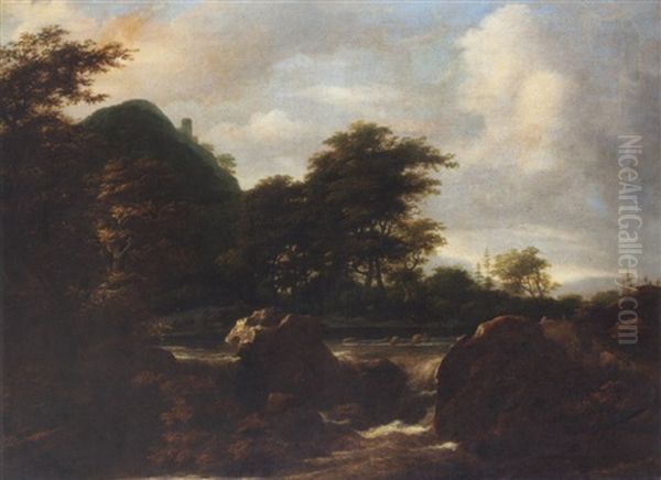 Woodland Landscape With Drovers And Their Animals Beside A Cascade - view 1
