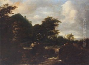 Woodland Landscape With Drovers And Their Animals Beside A Cascade