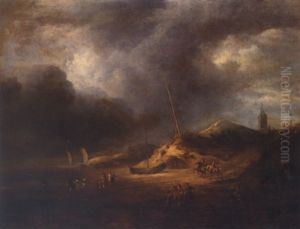 Coastal Landscape With A View Of A Town Behind The Dunes by Jacob Van Ruisdael