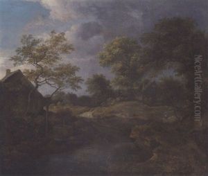 A Wooded River Landscape With Travellers On A Track By A Hamlet by Jacob Van Ruisdael