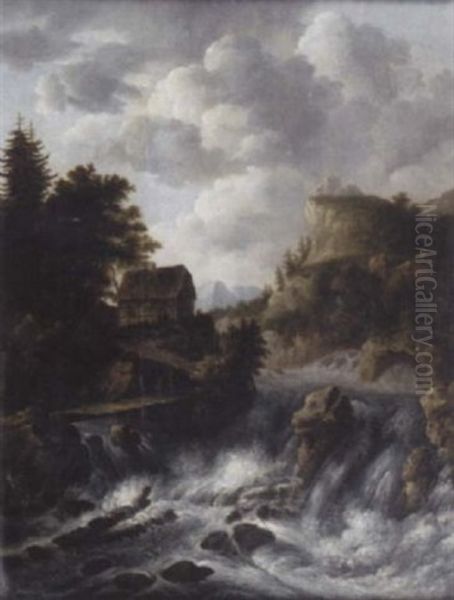 A Scandanavian River Landscape With Figures Crossing A Bridge Over A Waterfall, A Cottage Beyond - view 1
