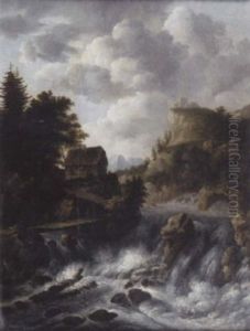 A Scandanavian River Landscape With Figures Crossing A Bridge Over A Waterfall, A Cottage Beyond by Jacob Van Ruisdael