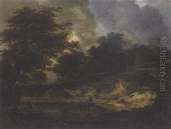 Landscape With Figures By A Boat At The Edge Of A River, A Cottage Beyond - view 1