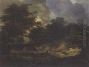 Landscape With Figures By A Boat At The Edge Of A River, A Cottage Beyond by Jacob Van Ruisdael