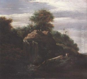 Wooded Landscape On A Rocky Hill With A Waterfall by Jacob Van Ruisdael