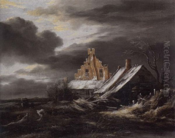 Bauernhaus In Winterlandschaft Mit Bewolktem Himmel - view 1