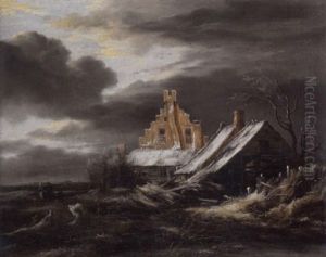 Bauernhaus In Winterlandschaft Mit Bewolktem Himmel