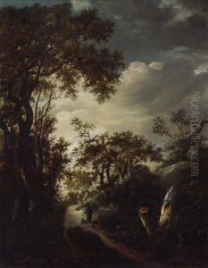 A Wooded Landscape With A Man Carrying Water On A Track, Two Figures Near A Gate Beyond by Jacob Van Ruisdael