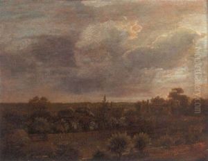 A Panoramic Landscape With Cottages Set Amongst Trees by Jacob Van Ruisdael