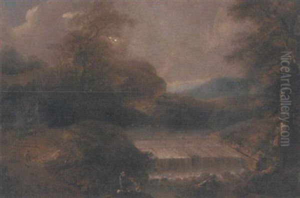 An Extensive Valley Landscape With Figures By A Weir - view 1