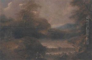 An Extensive Valley Landscape With Figures By A Weir by Jacob Van Ruisdael