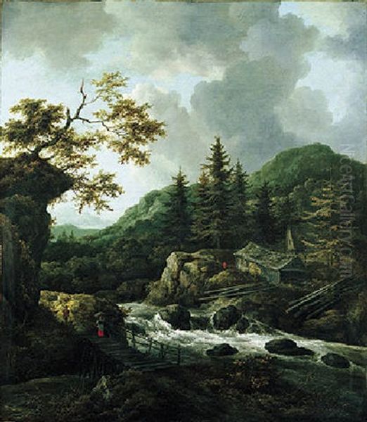 A Torrent In A Scandinavian Wooded Landscape With A Peasant Crossing A Wooden Bridge - view 1