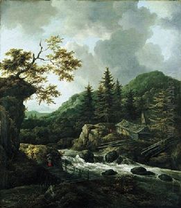 A Torrent In A Scandinavian Wooded Landscape With A Peasant Crossing A Wooden Bridge A Torrent In A Scandinavian Wooded Landscape With A Peasant Crossing A Wooden Bridge