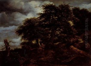 A Wooded Landscape With A Traveller And His Dog On A Path by Jacob Van Ruisdael