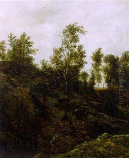 A Sportsman On A Track In The Dunes, A Woodcutter At Work Nearby - view 1
