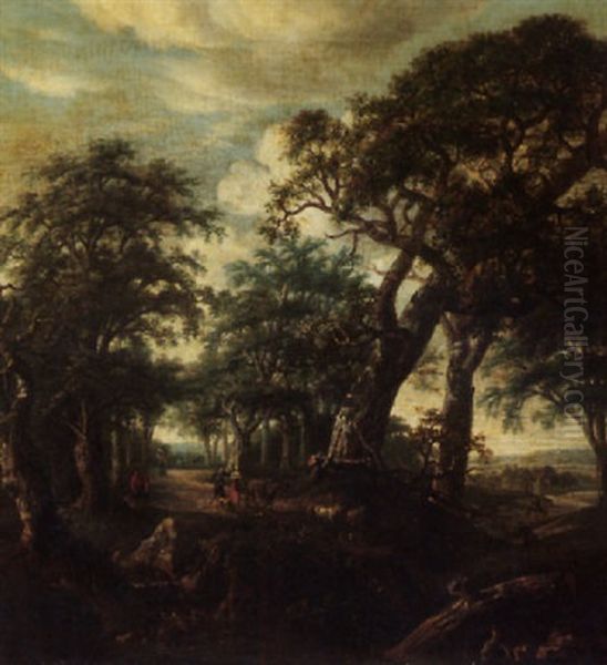 A Wooded Landscape With Figures, A Donkey, And A Flock Of Sheep On A Track - view 1