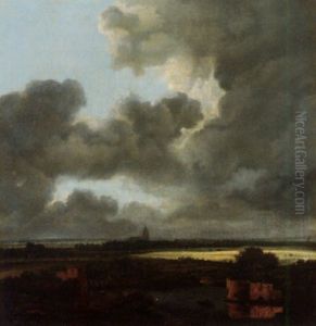 A Landscape With A Lake In The Foreground And A Church In The Distance, With A Gathering Storm