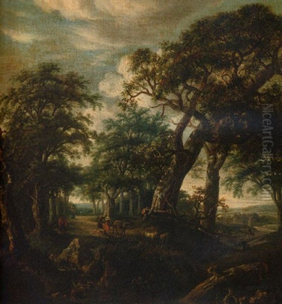 A Wooded Landscape With Drovers, A Donkey And Goats On A Track - view 1