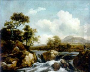 A River Landscape With A Waterfall, Two Men And A Dog Looking On From A Bank On The Right, A Town Beyond