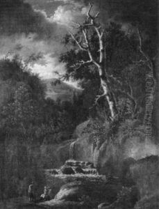 Landschaft Mit Wildbach Und Figurengruppe Bei Mondschein by Jacob Van Ruisdael