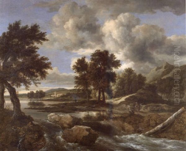 A River Landscape With Three Fishermen Near A Waterfall - view 1