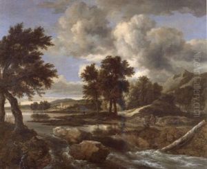 A River Landscape With Three Fishermen Near A Waterfall by Jacob Van Ruisdael