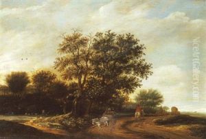 Cavaliers Et Promeneurs Dans Une Carriole Sur Un Chemin Pres D'un Bois by Jacob Van Ruisdael