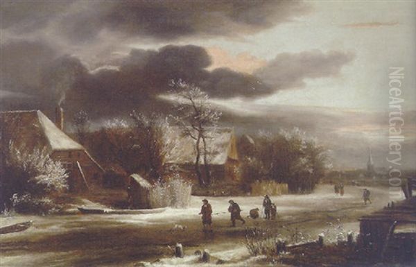 A Winter Landscape With Villagers On A Path, A Church Beyond - view 1