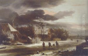 A Winter Landscape With Villagers On A Path, A Church Beyond by Jacob Van Ruisdael