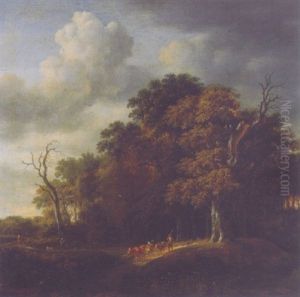 A Cowherd With Cattle On A Sandy Track At The Edge Of A Wood, On A Cloudy Day