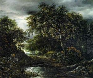 A Wooded Landscape In Stormy Weather With A Pool, A Peasant And A Dog On A Track by Jacob Van Ruisdael