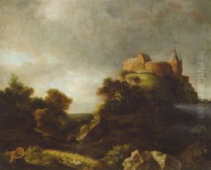 A Landscape With Travellers On A Path By Benheim Castle by Jacob Van Ruisdael