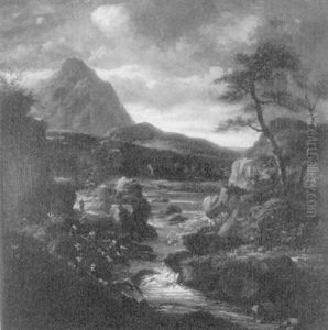 Gebirgige Fluslandschaft Mit Fusgangerin Am Uferweg by Jacob Van Ruisdael
