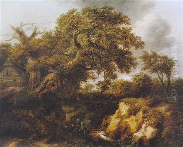 Wooded Landscape With A Cottage And Travellers On A Path - view 1