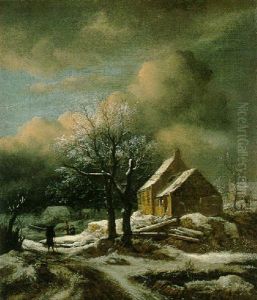 A Winter Landscape With Figures On A Road Passing Through A Hamlet by Jacob Van Ruisdael