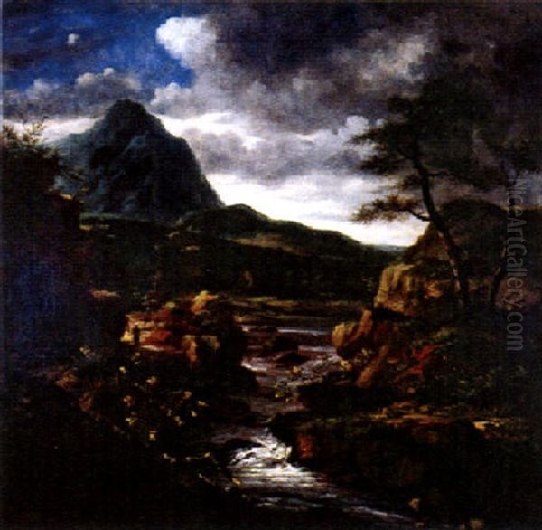 Gebirgige Flusslandschaft Mit Fussgangerin Am Uferweg - view 1