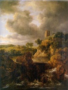 A Waterfall In Mountainous Landscape, A Church On A Cliff Beyond by Jacob Van Ruisdael